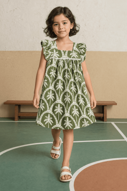Olive Palm Girls Woven Dress - Huggler